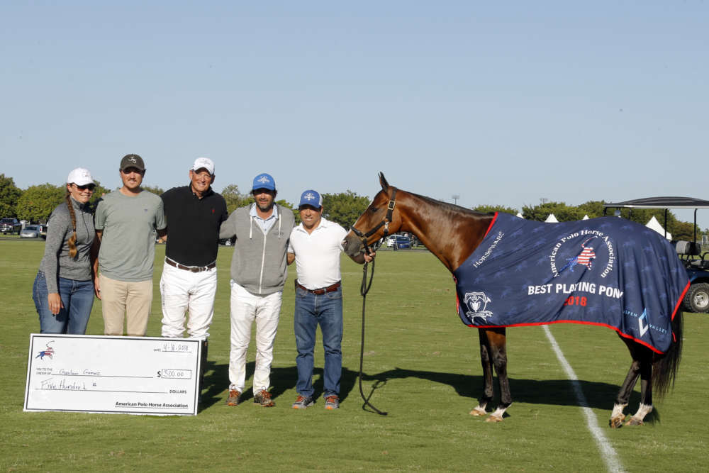 American Polo Horse Association Registered Horse Award: Lufthansa, played by Adolfo Cambiaso, owned by J5 Equestrian, pictured with Tiana Smicklas, Rob Jornayvaz, Bob Jornayvaz and Gustavo Gomez.  