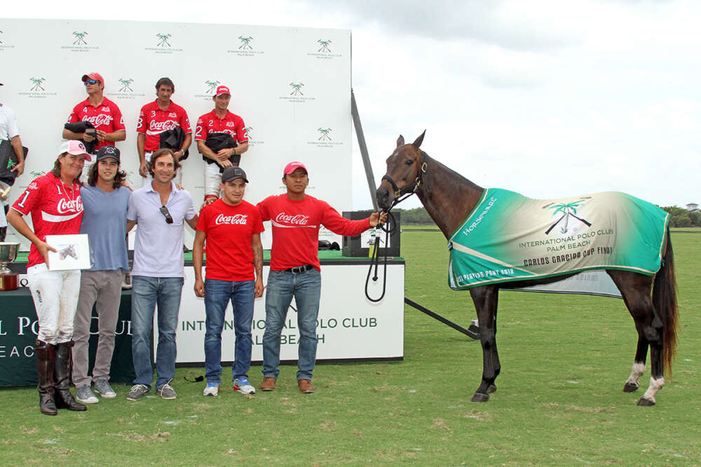 Best Playing Pony Carlos Gracida Cup Final: Fanta, pictured with Gillian Johnston, Nano Gracida, Miguel Novillo Astrada, Miguel Lagos and Sergio Arias.