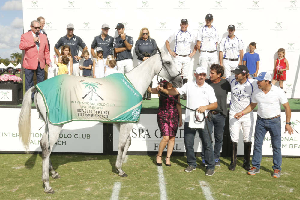 Best Playing Pony USPA Gold Cup® Final: Macarena, played by Adolfo Cambiaso, owned by Mariano Gonzalez, pictured with Brenda Lynn of the Museum of Polo and Hall of Fame, Lalo Ugarte and Gustavo Gomez.