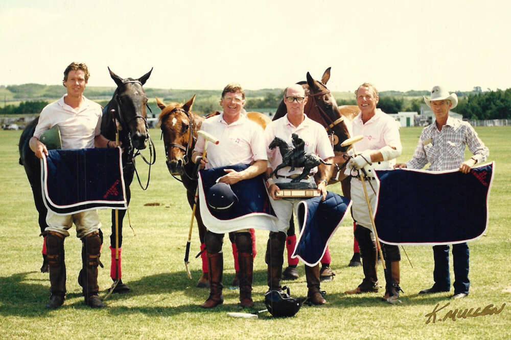 Black Diamond Team in 1987 at Calgary Polo Club in Canada. Left to Right: Cam Bailey, Rob Peters, Jimmy Newman, Paul Von Gontard. 