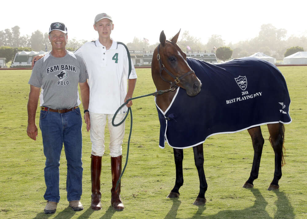 Santa Barbara Polo & Racquet Club Best Playing Pony Diabla, pictured with USPA Pacific Coast Circuit Governor Danny Walker and Bayne Bossom. ©David Lominska.