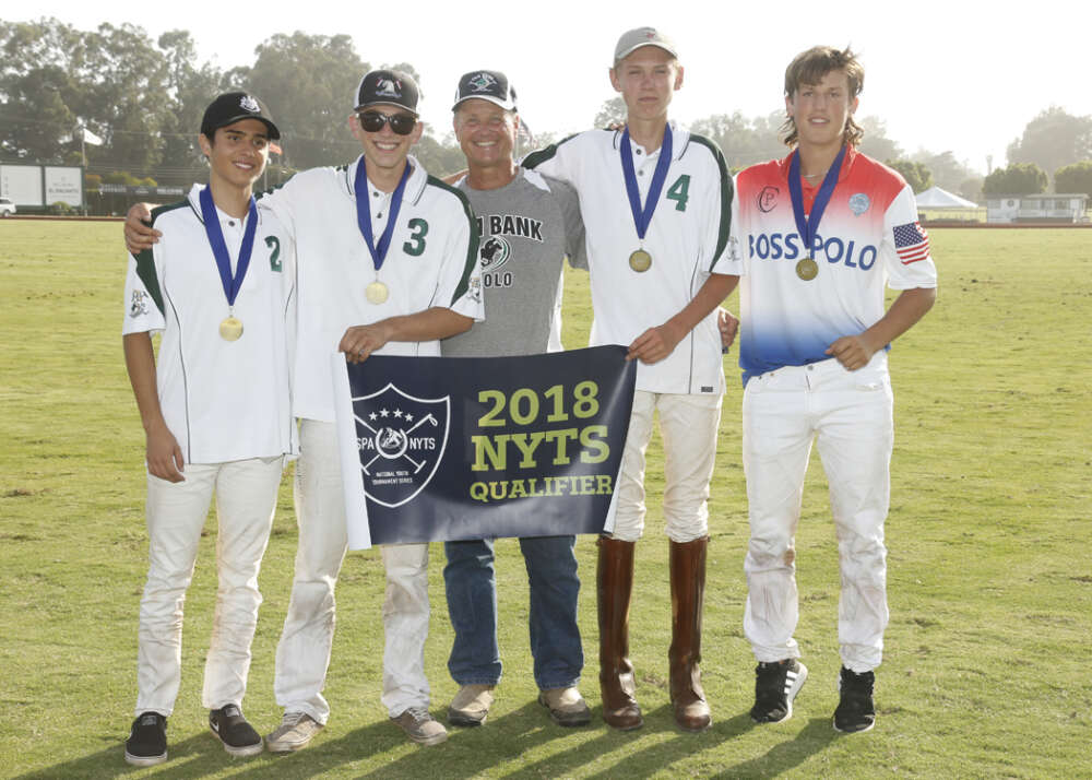 Santa Barbara Polo & Racquet Club All-Stars (L to R) Johnny Kirton, Charlie Walker, USPA Pacific Coast Circuit Governor Danny Walker, Bayne Bossom, Lucas Escobar. ©SBPRC/Lominska.