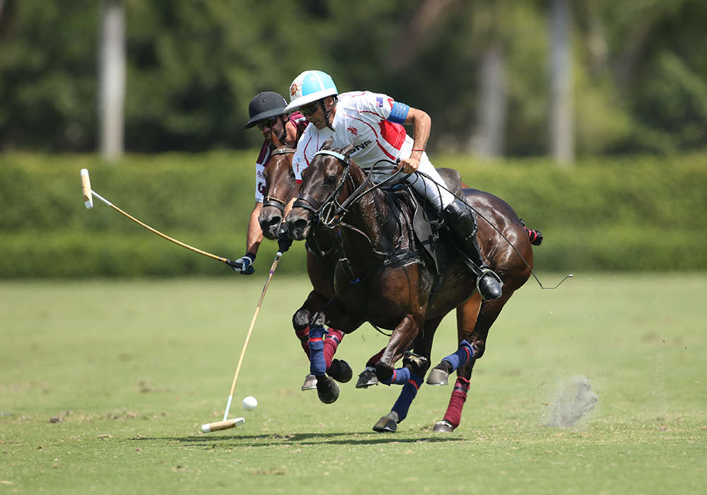 Scone's Adolfo Cambiaso playing the ball ahead of Pilot's Facundo Pieres.