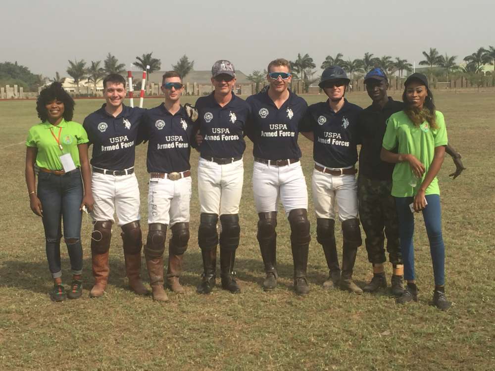    The team accompanied by Nigerian ushers and a Nigerian military groom, from left to right Army Sergeant Alex Wicker, Marine Reserve Sergeant Chris Jones, former Army Sergeant Paul Knapp, Army Sergeant First Class Joe England and Marine Captain Jeff Palmer.