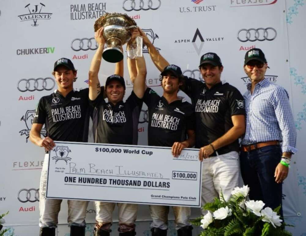 World Cup champions Jared Zenni, Santi Torres, Agustin Obregon and Tommy Collingwood of Palm Beach Illustrated with publisher Terry Duffy.