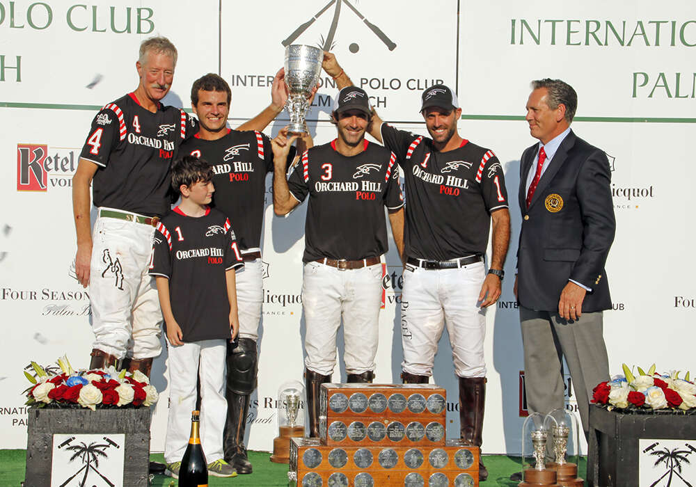 2016 U.S. Open Polo Championship® winners - Orchard Hill (Steve Van Andel, Julian de Lusarreta, Juan Martin Nero, Facundo Pieres. Pictured with former USPA Chairman Joseph Meyer.